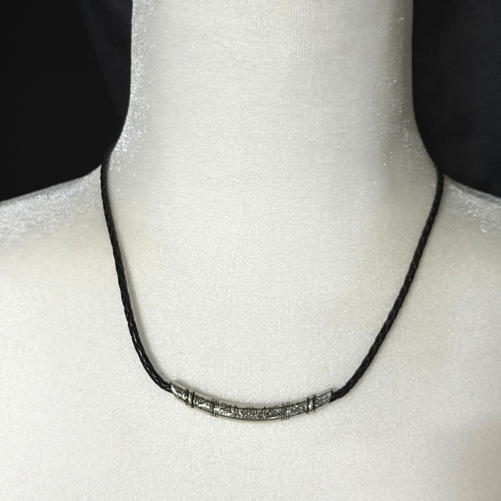 Brighton Etched Curved Bar Pendant Black Braided Leather Necklace